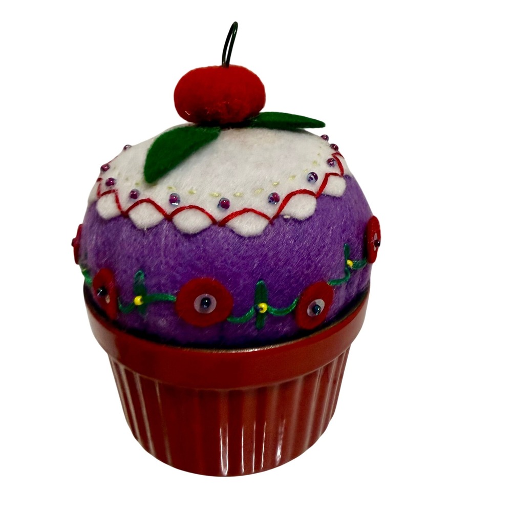 Handmade Felt Cupcake Pin Cushion in Ceramic Ramekin Signed Barbara 2010 Purple